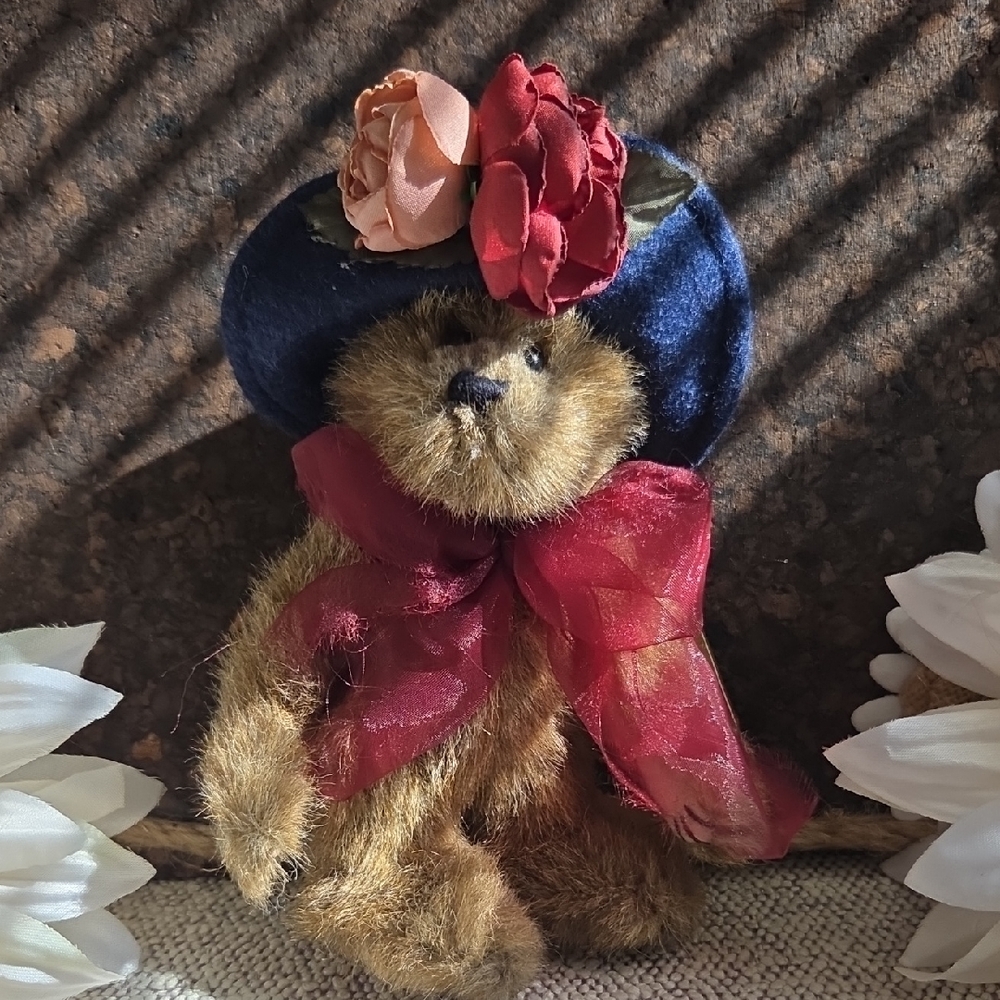 Boyds Bears Plush with Blue Hat and Red Flowers